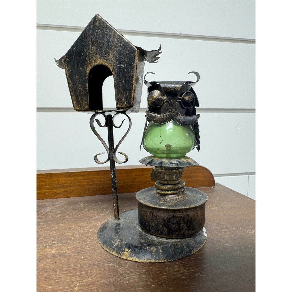 Vintage Metal Owl Oil Lamp Birdhouse Figurine Green Glass Distressed Black Gold